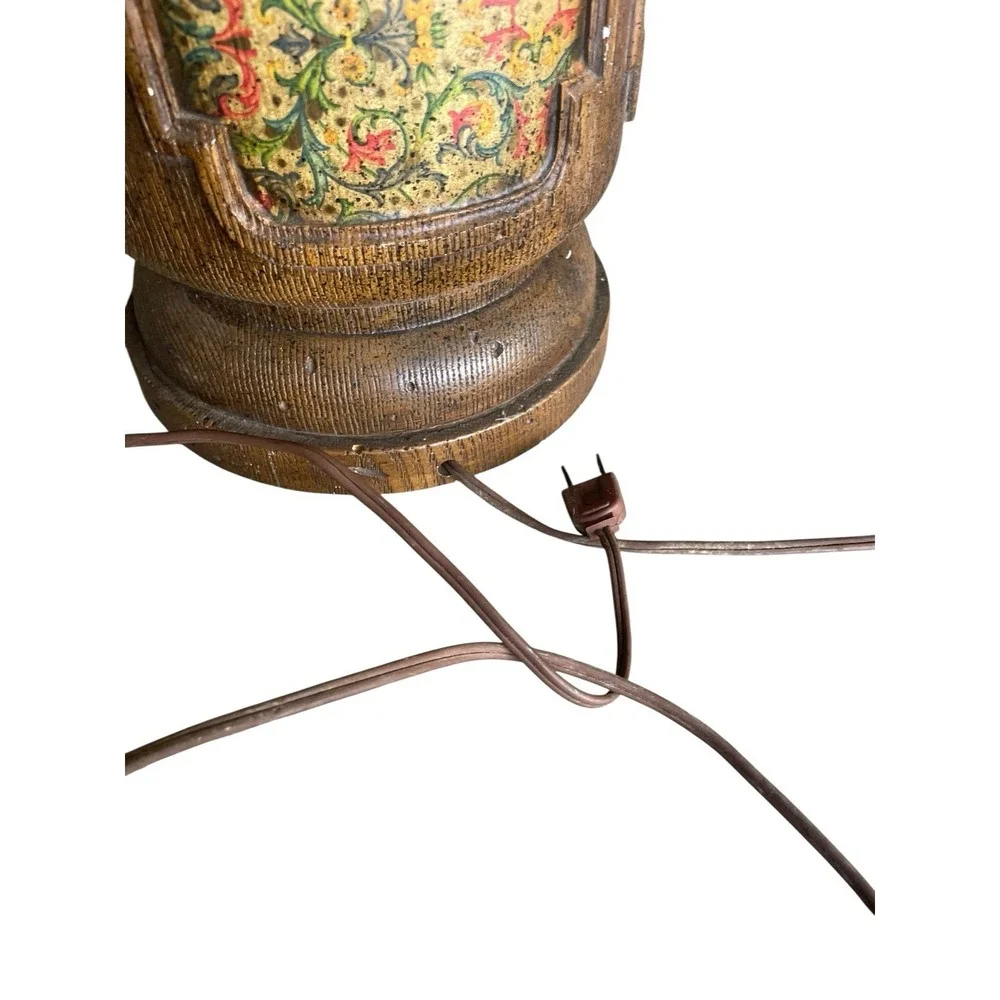 Vintage Mid Century Table Lamp Wood Grain Floral Panels Hollywood Regency Retro